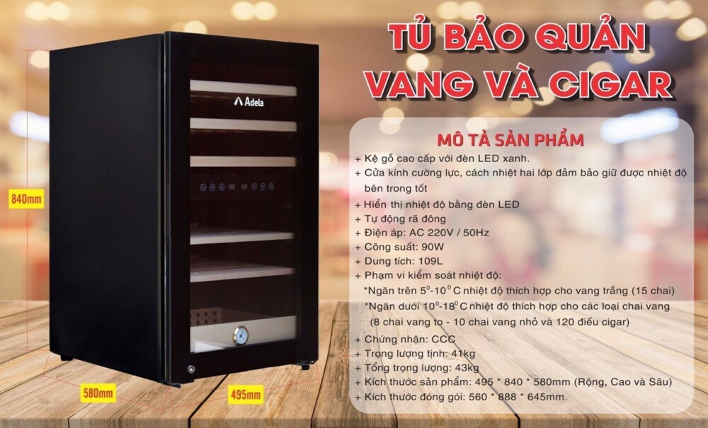 Thông tin cơ bản của tủ vang Adela 28 chai – mặt kính tráng gương